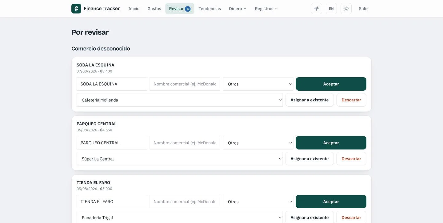 Cola de revisión con gastos pendientes por confirmar